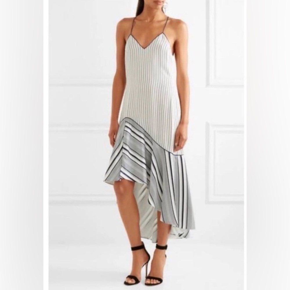 Jonathan Simkhai 100% Silk Slip Dress White & Black Striped High-Low Maxi Size 4
